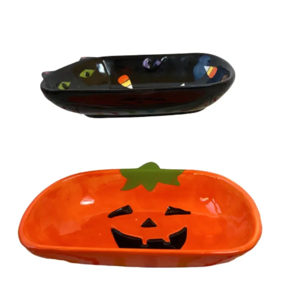 Halloween 🎃 Candy Dishes Tien Hsing Vintage Black Cat + Pumpkin 2 dishes